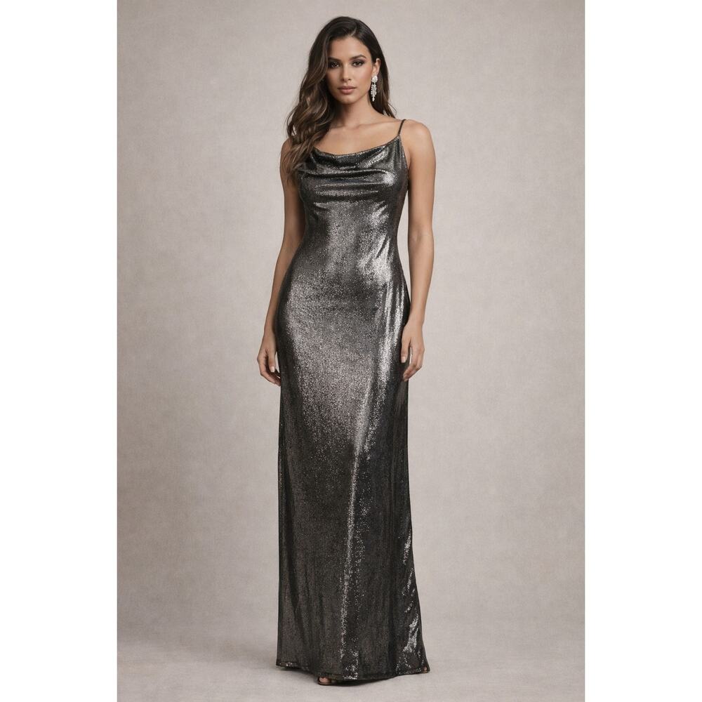 Jessica Simpson Metallic Silver Maxi Dress Sleeveless Cowl Neck Bodycon Small